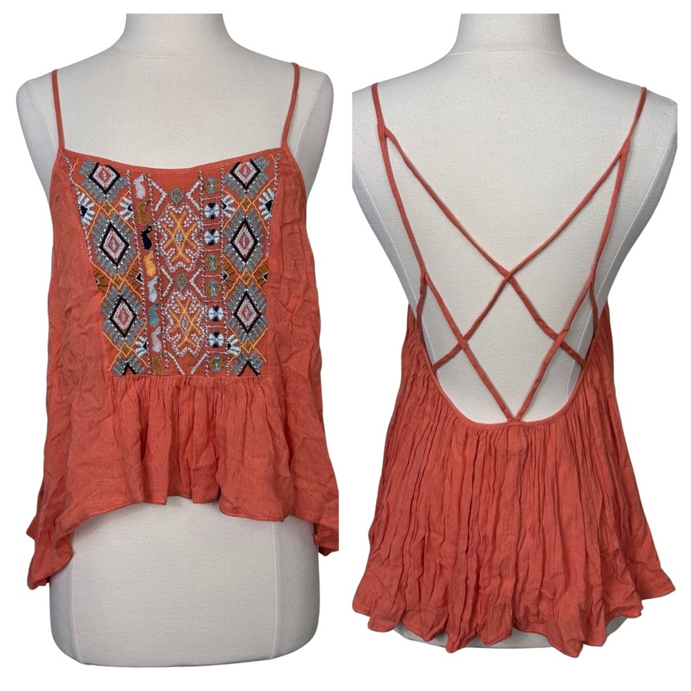 Ecote Boho Southwestern Embroidered Cropped High Low Strappy Cutout Back Blouse